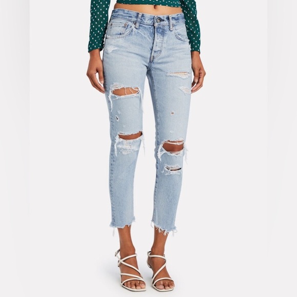 Moussy Vintage Creston Distressed Tapered Jeans 24 Light Wash Raw Hem Classic - Picture 1 of 14